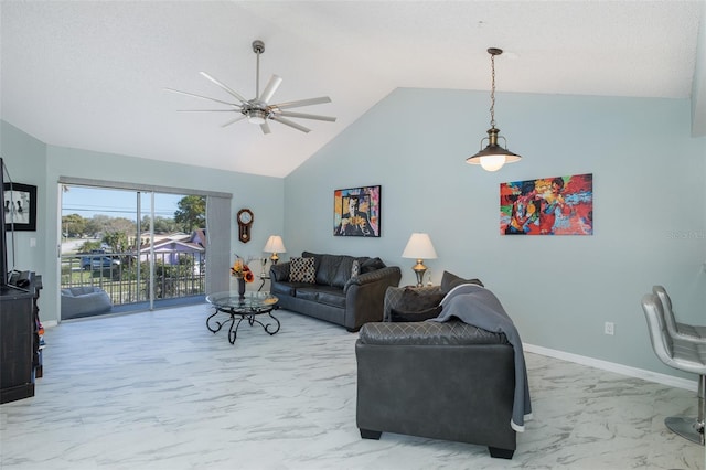 living room with baseboards, high vaulted ceiling, marble finish floor, and ceiling fan