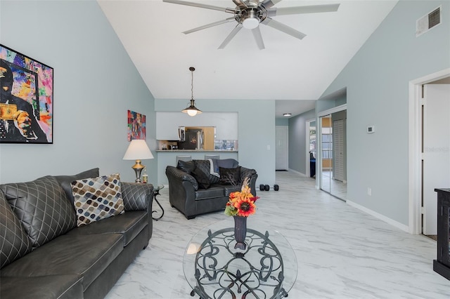 living room featuring visible vents, high vaulted ceiling, marble finish floor, a ceiling fan, and baseboards