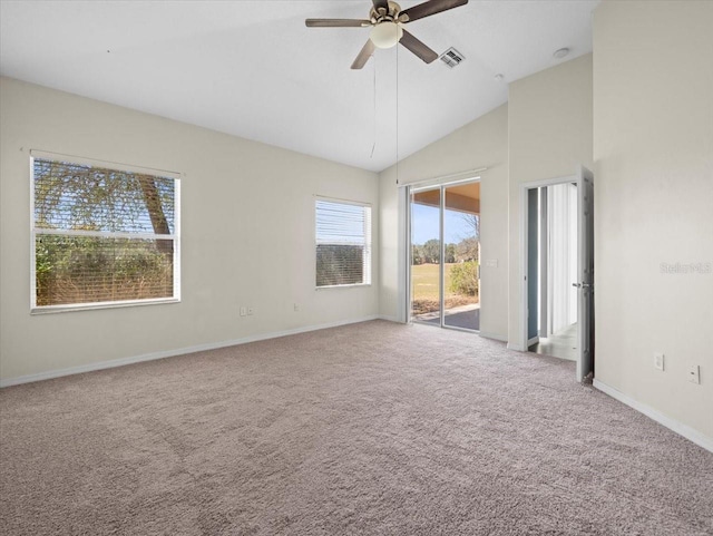 unfurnished room featuring visible vents, high vaulted ceiling, carpet floors, baseboards, and ceiling fan