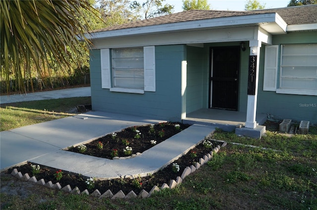 doorway to property with concrete block siding and roof with shingles