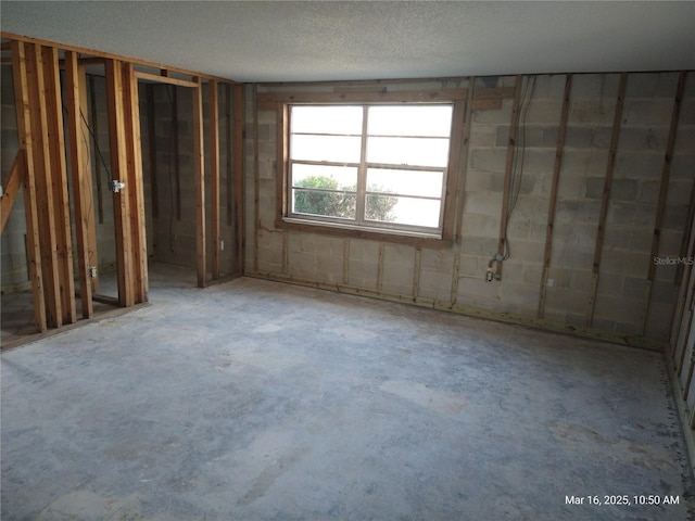 interior space featuring concrete flooring and a textured ceiling