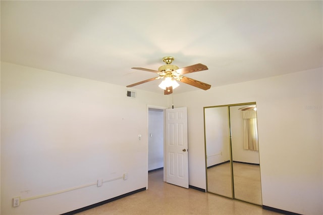 unfurnished bedroom with visible vents, baseboards, a closet, and a ceiling fan