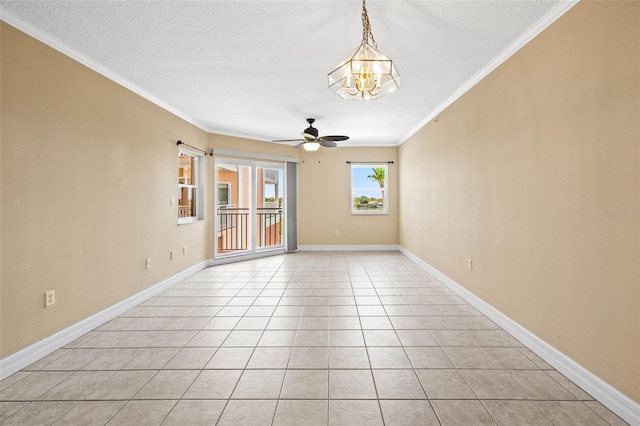 empty room featuring light tile patterned floors, ceiling fan with notable chandelier, a textured ceiling, and crown molding