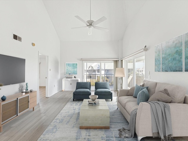 5557 Sea Forest Dr Unit 318, New Port Richey, FL 34652 - living area featuring visible vents, high vaulted ceiling, wood finished floors, and a ceiling fan