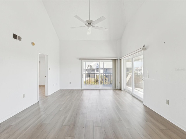 5557 Sea Forest Dr Unit 318, New Port Richey, FL 34652 - empty room featuring visible vents, high vaulted ceiling, light wood-style floors, and a ceiling fan