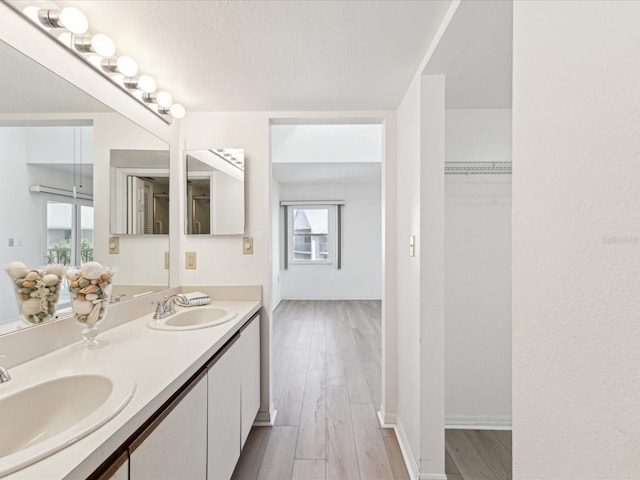 5557 Sea Forest Dr Unit 318, New Port Richey, FL 34652 - bathroom with double vanity, a spacious closet, wood finished floors, and a sink