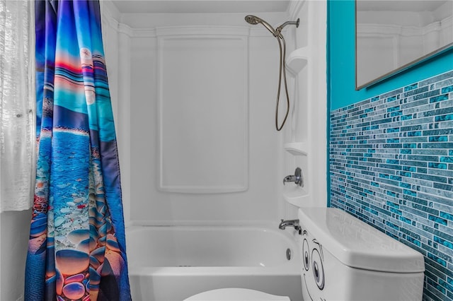 full bathroom featuring tile walls, toilet, and shower / bath combo with shower curtain