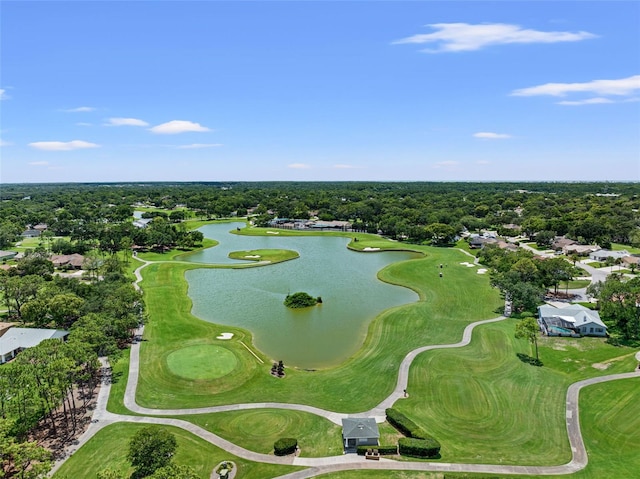bird's eye view with a water view, a wooded view, and golf course view