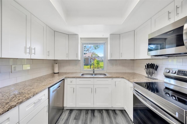 8626 White Springs Dr, New Port Richey, FL 34655 - kitchen with a sink, a raised ceiling, white cabinetry, stainless steel appliances, and light wood-style floors