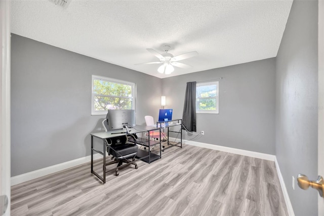 8626 White Springs Dr, New Port Richey, FL 34655 - office space with baseboards, a textured ceiling, a ceiling fan, and light wood-type flooring