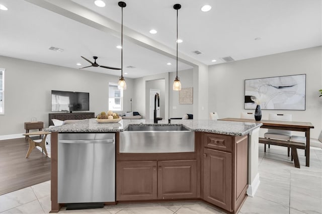 kitchen with a sink, open floor plan, dishwasher, ceiling fan, and visible vents