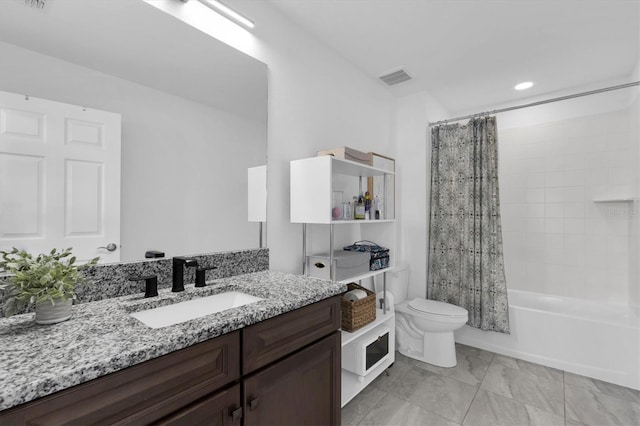 full bathroom featuring marble finish floor, visible vents, toilet, vanity, and shower / bath combo