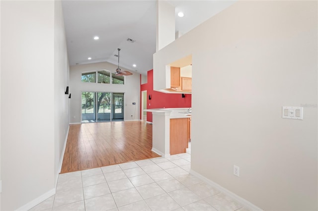 303 Rochester St, Spring Hill, FL 34609 - kitchen featuring visible vents, open floor plan, light tile patterned flooring, high vaulted ceiling, and a ceiling fan