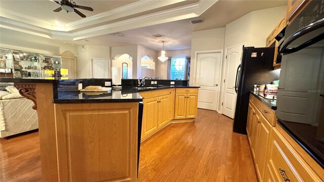 kitchen featuring a tray ceiling, crown molding, a sink, wood finished floors, and ceiling fan