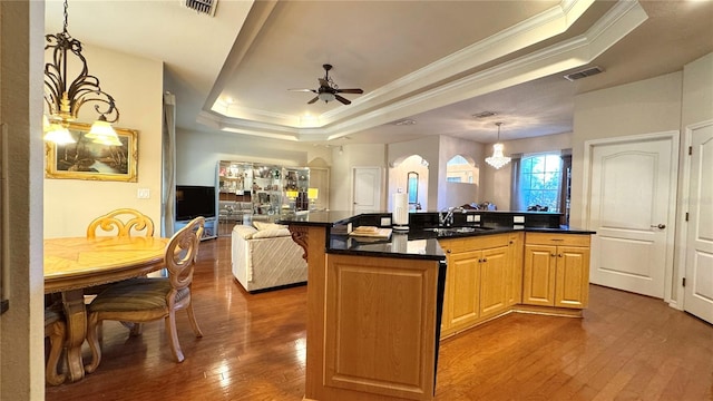 kitchen with a tray ceiling, a sink, arched walkways, ceiling fan, and dark wood-type flooring