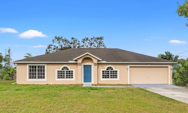 single story home featuring concrete driveway, a garage, stucco siding, and a front lawn