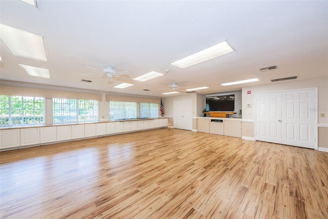 unfurnished living room with ceiling fan, light wood finished floors, and visible vents