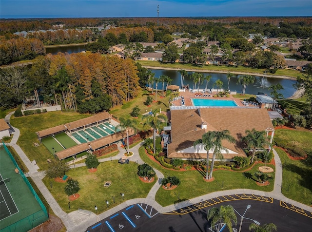 bird's eye view with a water view