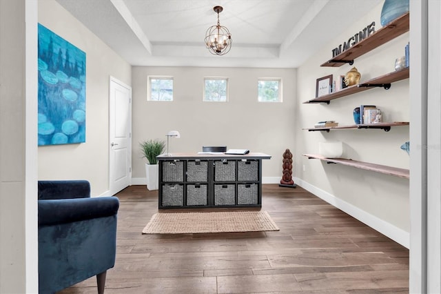 entryway with baseboards, wood finished floors, and a raised ceiling