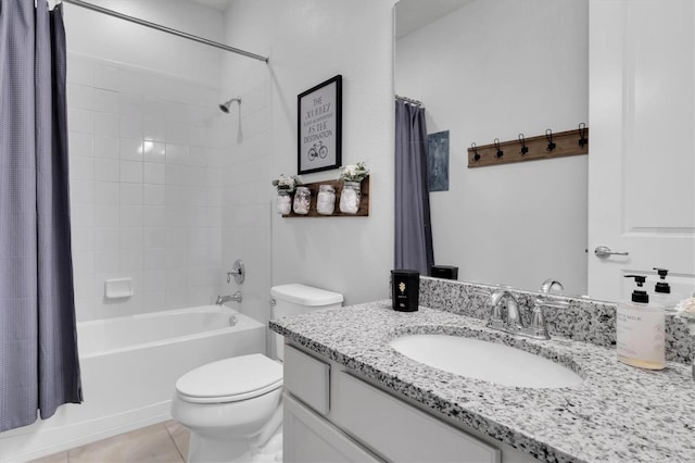 full bath featuring shower / bathtub combination with curtain, toilet, tile patterned floors, and vanity