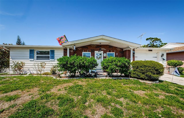 4107 Glissade Dr, New Port Richey, FL 34652 - ranch-style home with brick siding, a front yard, and a garage