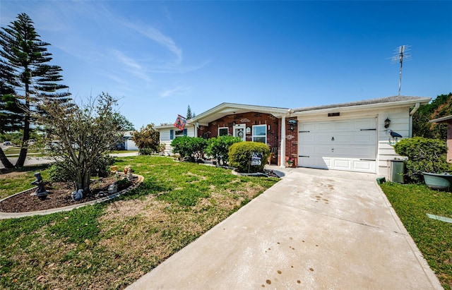 4107 Glissade Dr, New Port Richey, FL 34652 - ranch-style home featuring a front lawn, a garage, brick siding, and concrete driveway