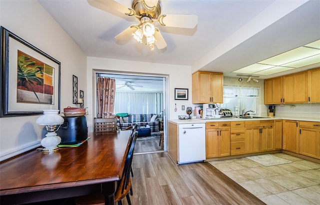 4107 Glissade Dr, New Port Richey, FL 34652 - kitchen featuring light countertops, light wood-style flooring, ceiling fan, and dishwasher