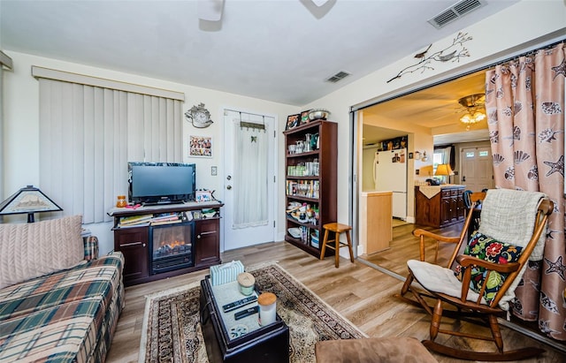 4107 Glissade Dr, New Port Richey, FL 34652 - living room featuring a ceiling fan, light wood-style flooring, and visible vents