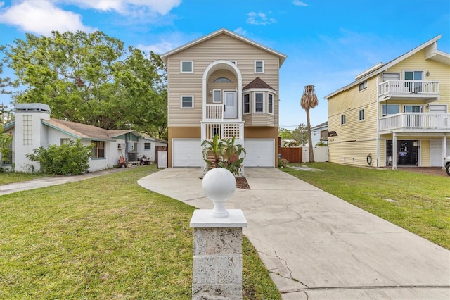 beach home featuring a front lawn, driveway, and a garage