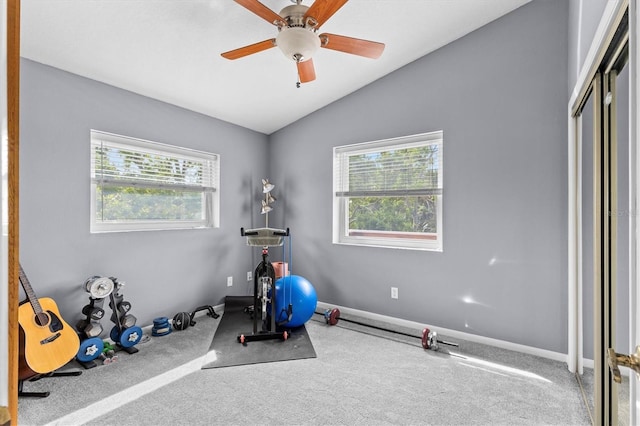 workout area with baseboards, lofted ceiling, carpet flooring, and a healthy amount of sunlight