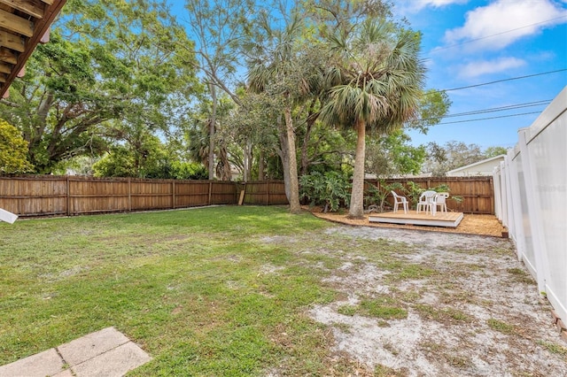 view of yard featuring a fenced backyard and a deck