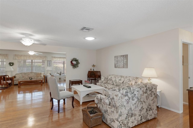 6530 Pine Meadows Dr, Spring Hill, FL 34606 - living area featuring a textured ceiling, visible vents, wood finished floors, and a ceiling fan