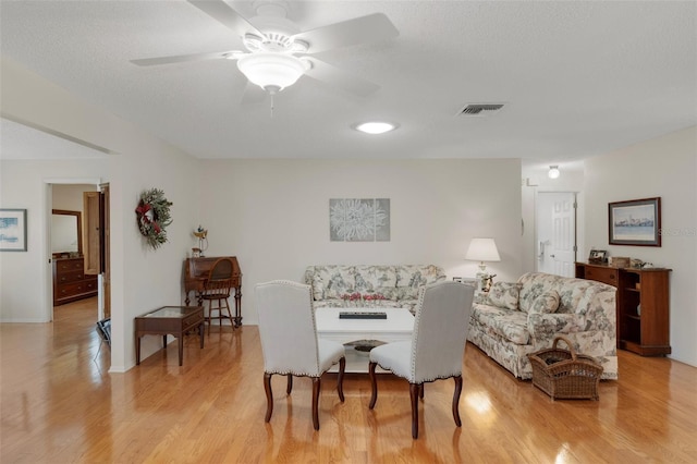 6530 Pine Meadows Dr, Spring Hill, FL 34606 - living room featuring a textured ceiling, a ceiling fan, visible vents, and light wood-type flooring