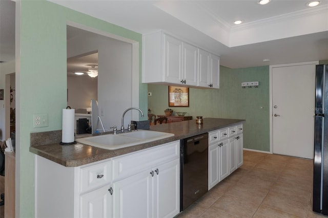 6530 Pine Meadows Dr, Spring Hill, FL 34606 - kitchen with ornamental molding, a raised ceiling, a sink, dark countertops, and black appliances