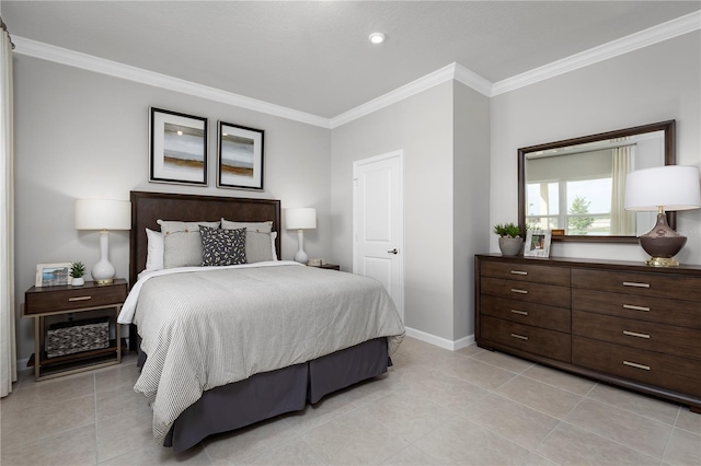 bedroom with light tile patterned flooring, baseboards, and crown molding