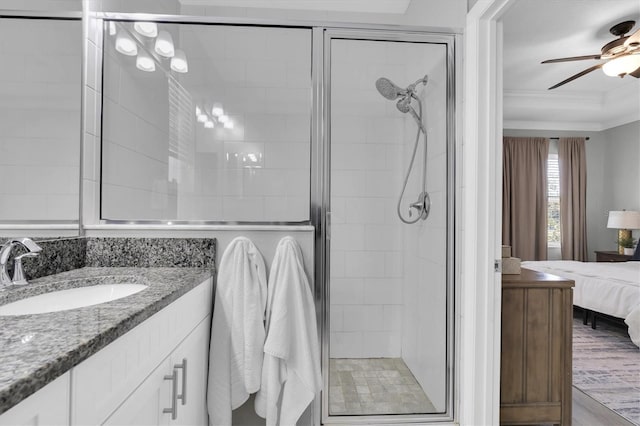 3465 Bumelia Ln, New Port Richey, FL 34655 - full bath with vanity, crown molding, a shower stall, a ceiling fan, and ensuite bathroom