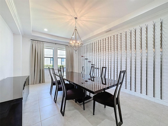 dining room featuring visible vents, recessed lighting, light tile patterned flooring, and a chandelier