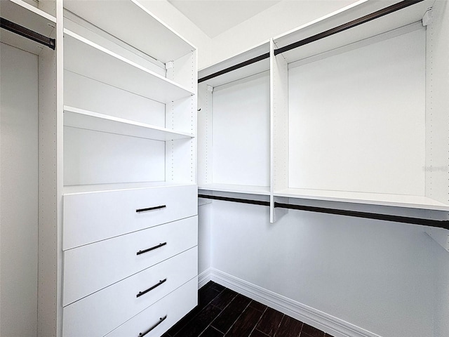walk in closet with dark wood finished floors