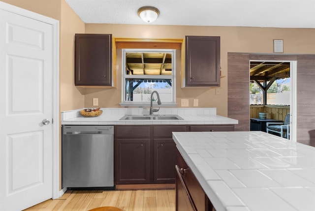 kitchen with stainless steel dishwasher, tile countertops, a wealth of natural light, and a sink