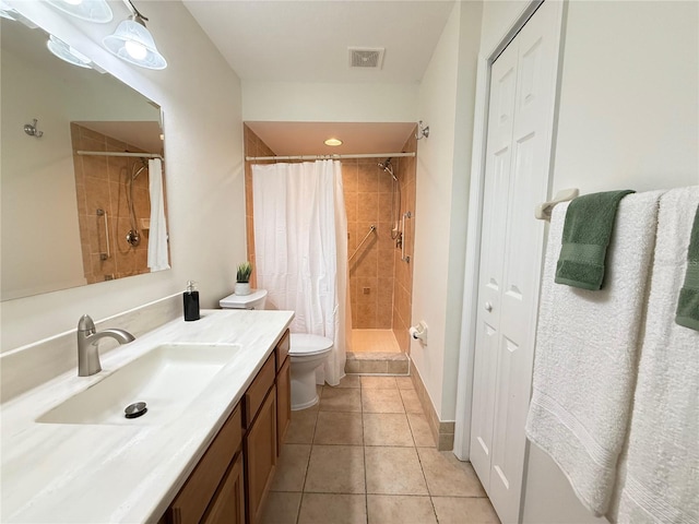 9348 Villa Entrada, New Port Richey, FL 34655 - bathroom featuring tiled shower, vanity, tile patterned flooring, visible vents, and toilet
