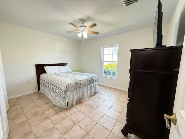 9348 Villa Entrada, New Port Richey, FL 34655 - bedroom with light tile patterned floors, baseboards, a ceiling fan, and visible vents