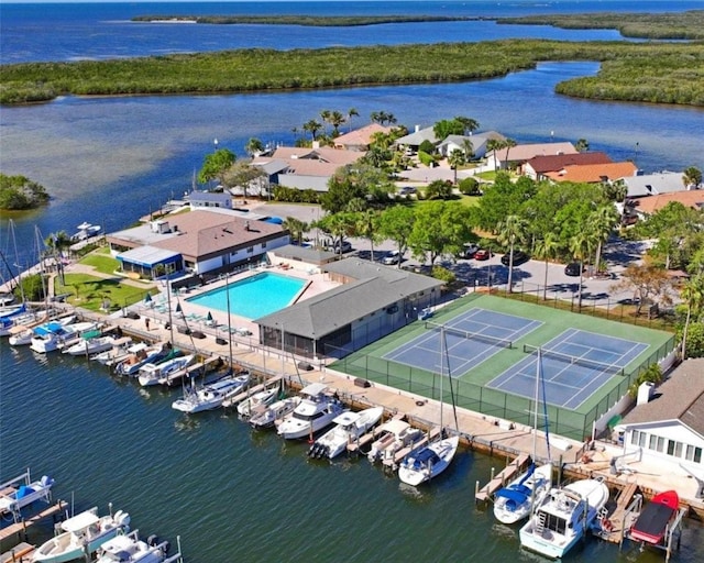 aerial view featuring a water view