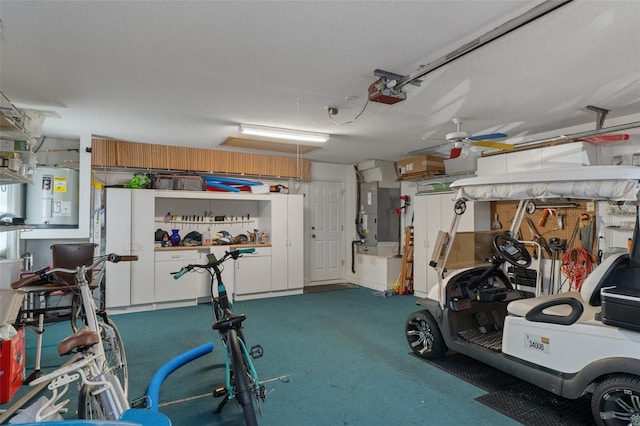 garage with water heater, heating unit, and a ceiling fan