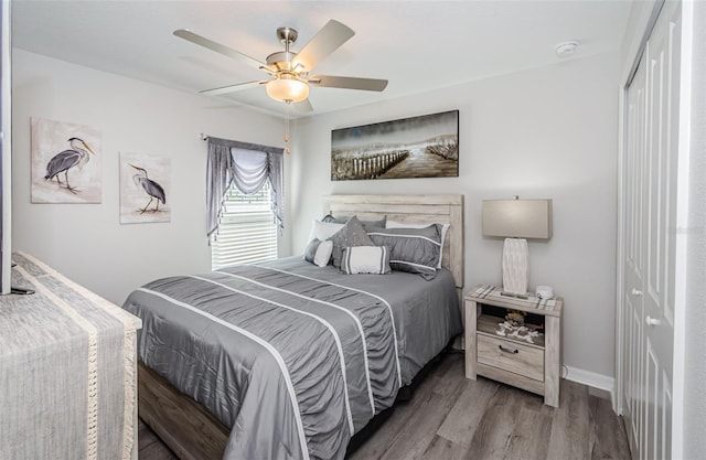 36419 Flats St, Zephyrhills, FL 33541 - bedroom with wood finished floors, a ceiling fan, a closet, and baseboards