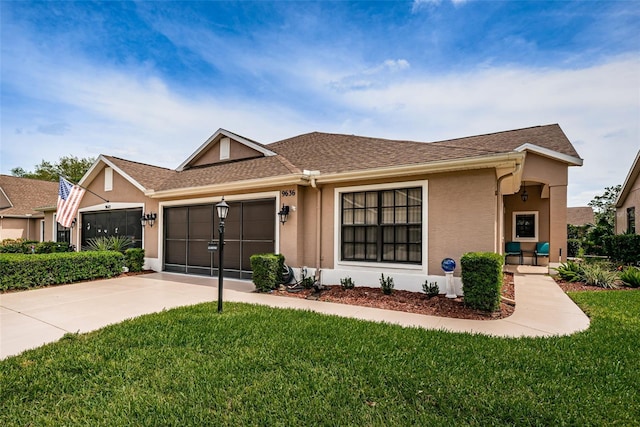 9636 Brookdale Dr, New Port Richey, FL 34655 - ranch-style home featuring driveway, a garage, a front yard, and stucco siding