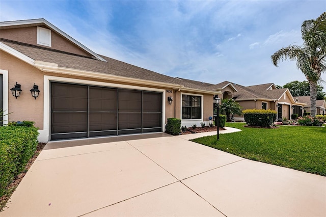 9636 Brookdale Dr, New Port Richey, FL 34655 - ranch-style house with stucco siding, a garage, a front lawn, and concrete driveway