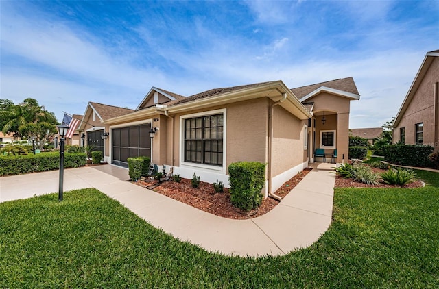 9636 Brookdale Dr, New Port Richey, FL 34655 - view of front facade with driveway, a front yard, a garage, and stucco siding