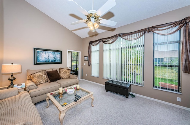 9636 Brookdale Dr, New Port Richey, FL 34655 - carpeted living room with baseboards, lofted ceiling, and a ceiling fan