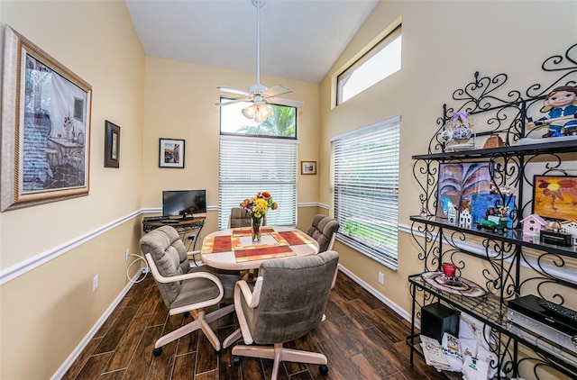 9636 Brookdale Dr, New Port Richey, FL 34655 - dining area with wood tiled floor, ceiling fan, and baseboards