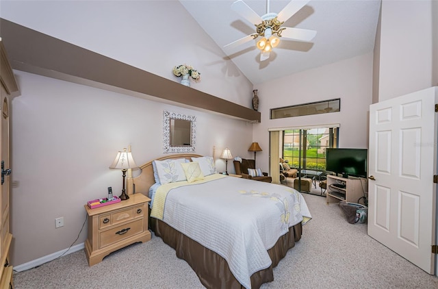 9636 Brookdale Dr, New Port Richey, FL 34655 - carpeted bedroom featuring baseboards, high vaulted ceiling, and a ceiling fan